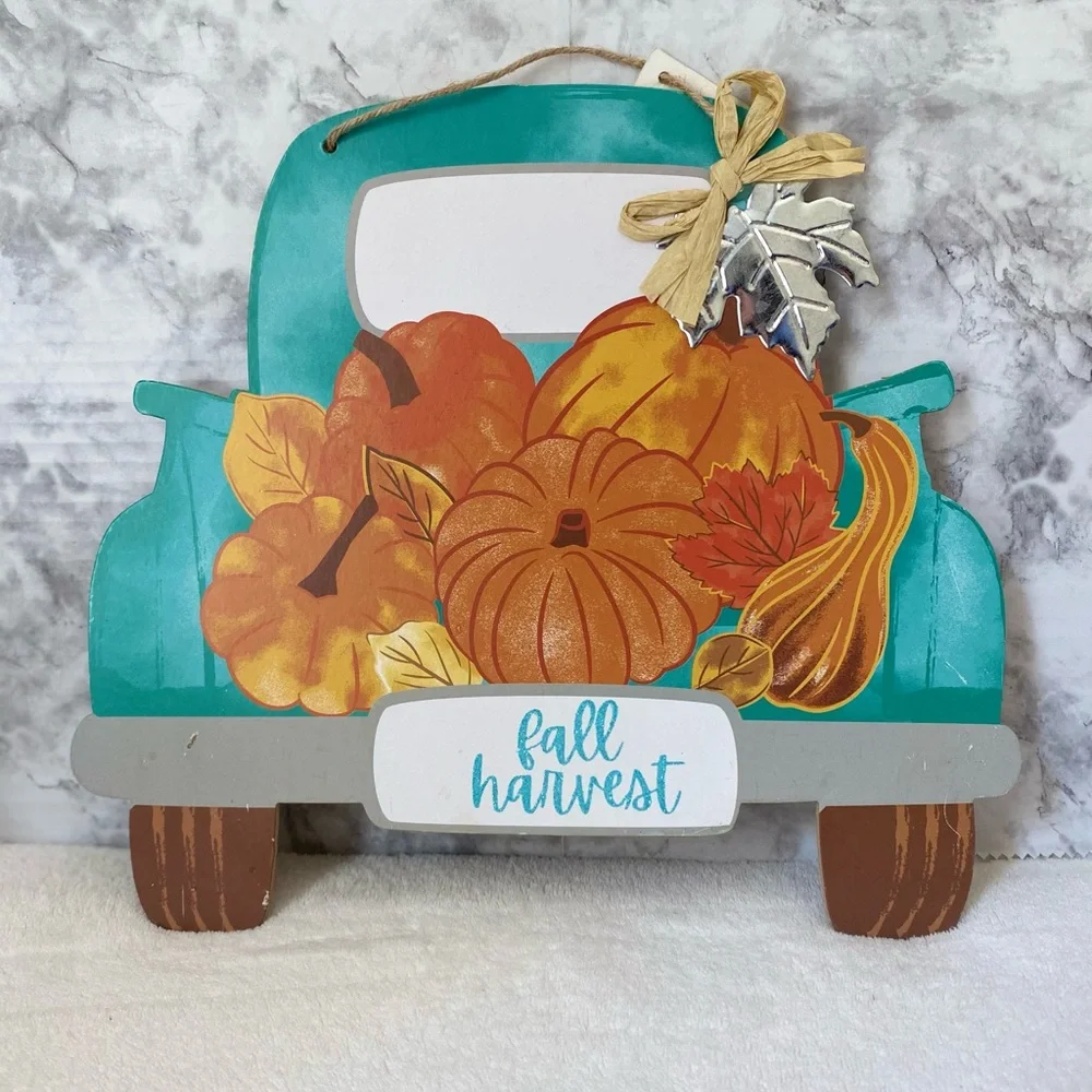 NWT Fall Harvest Classic Blue Truck with Pumpkins Hanging  Wall Door Sign